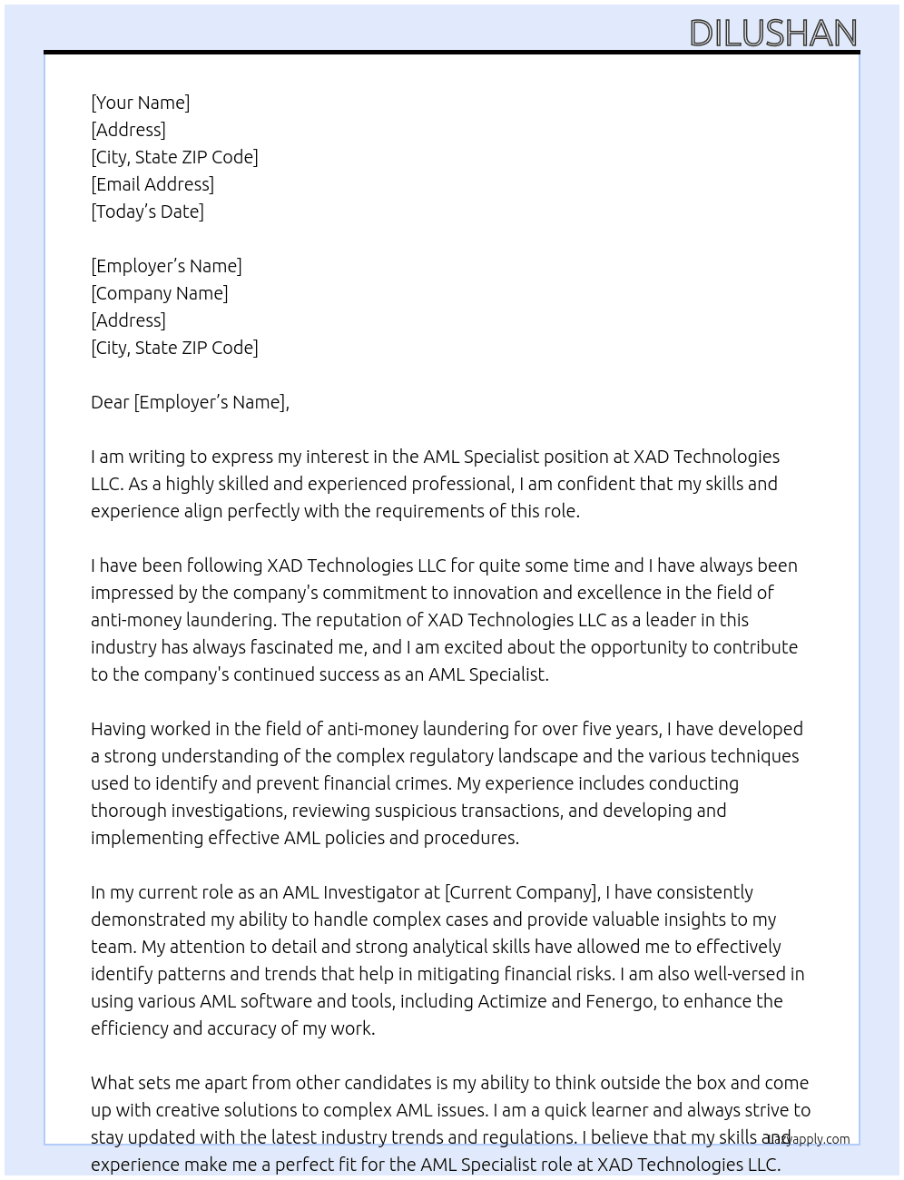 AML Specalist At XAD Technologies LLC Cover Letter