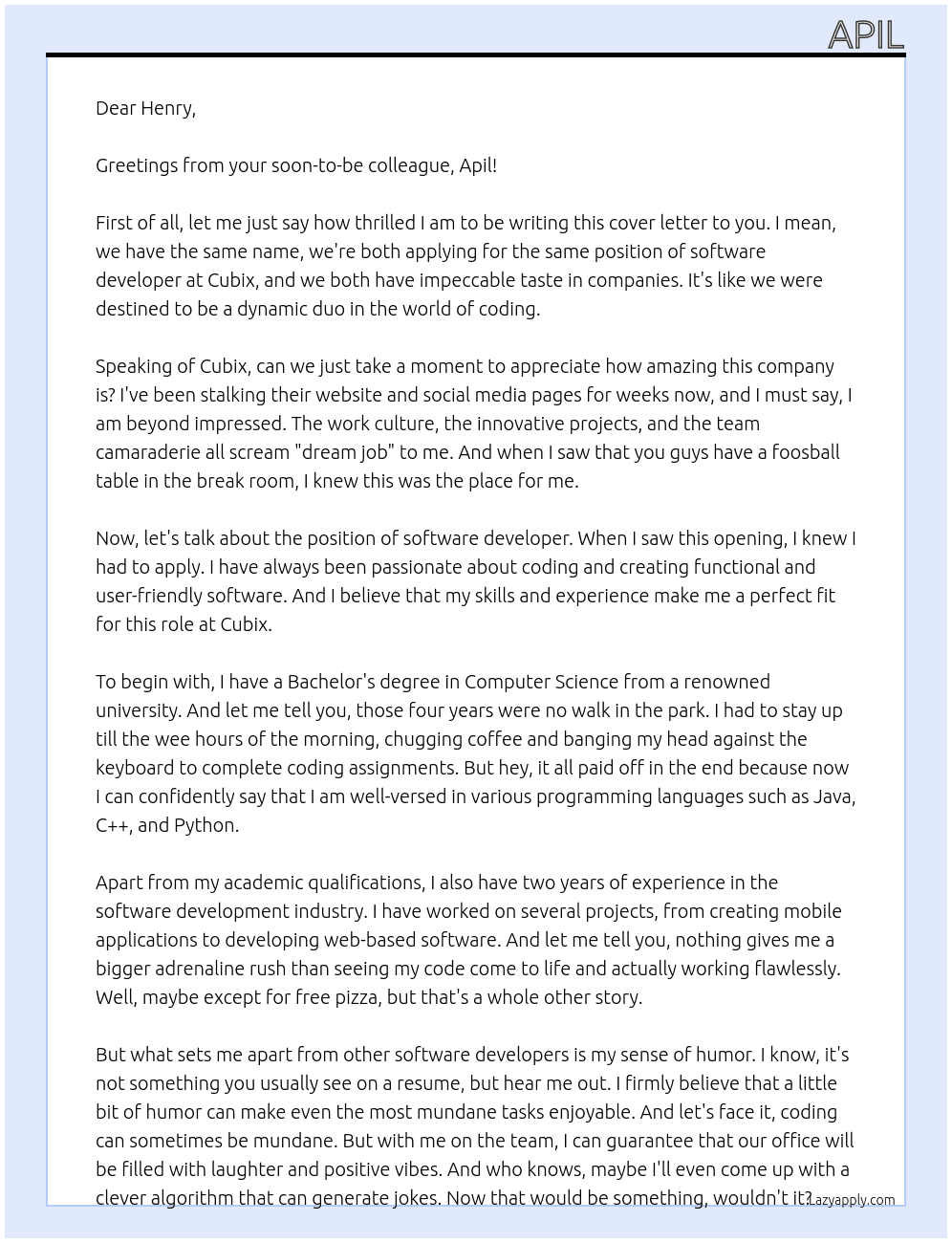 software developer At Cubix Cover Letter