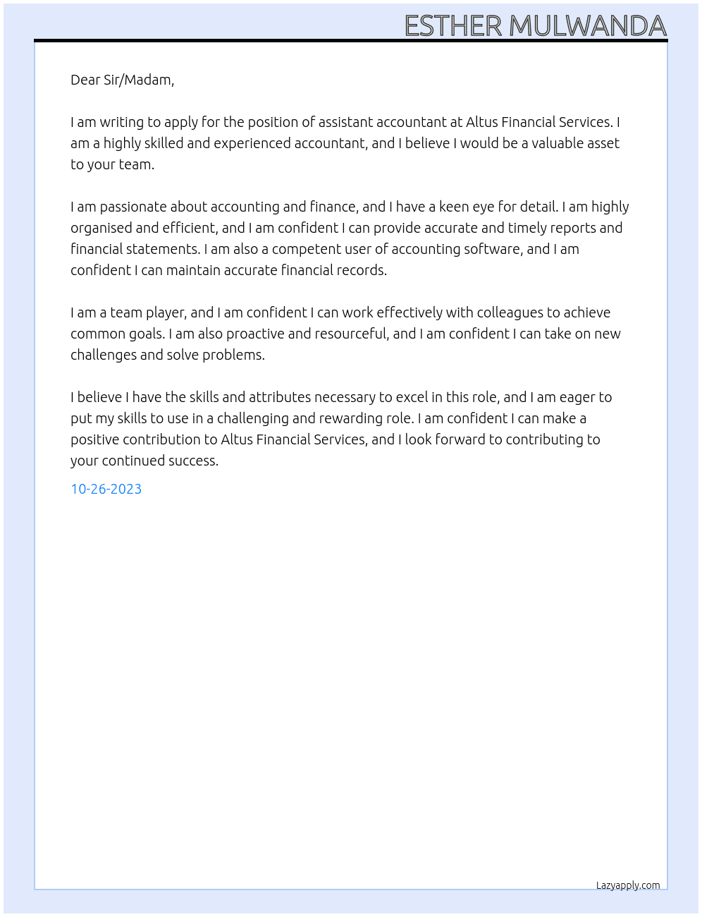 Assistant accountant At altus financial services Cover Letter