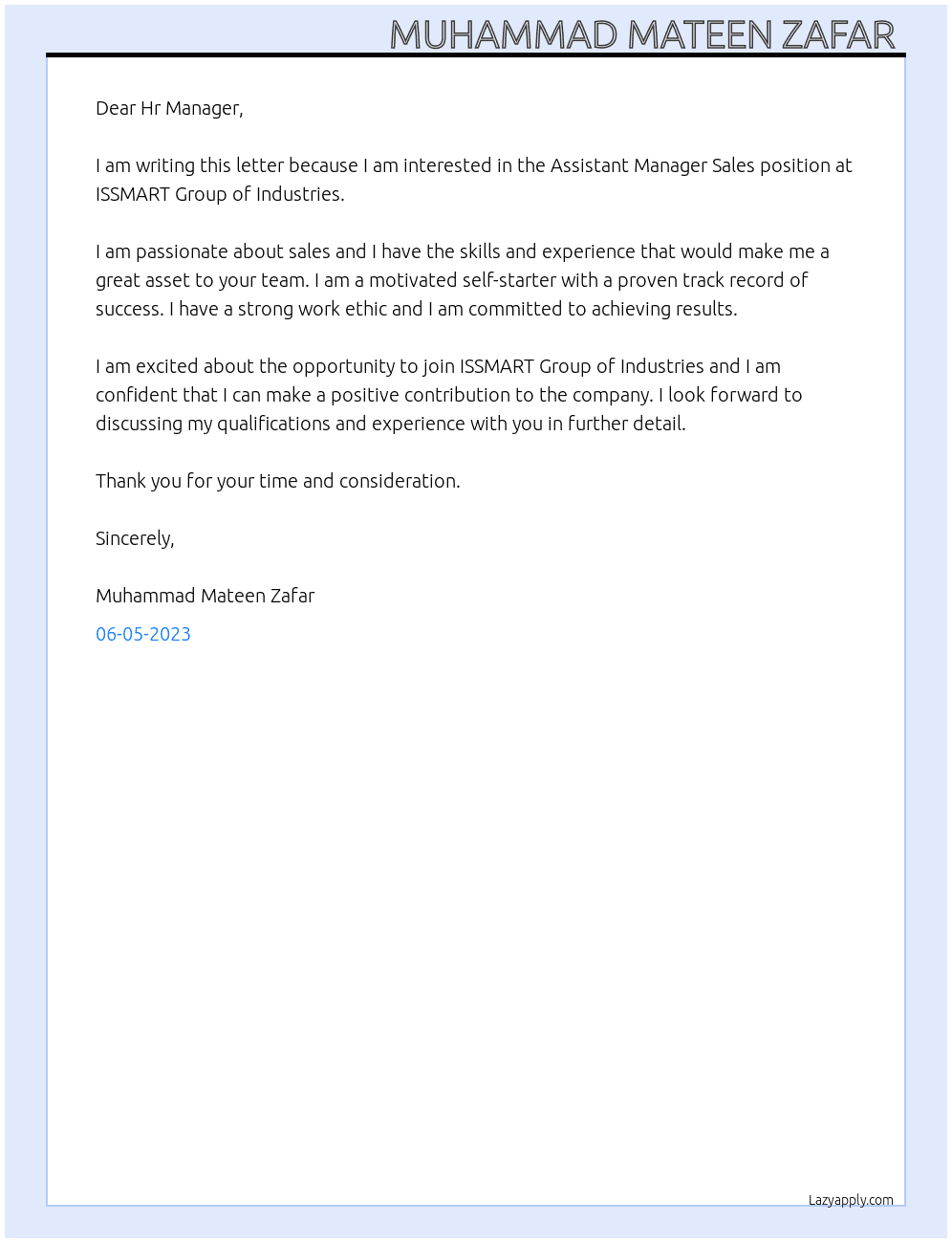 Assistant Manager Sales At ISSMART Group of Industries  Cover Letter