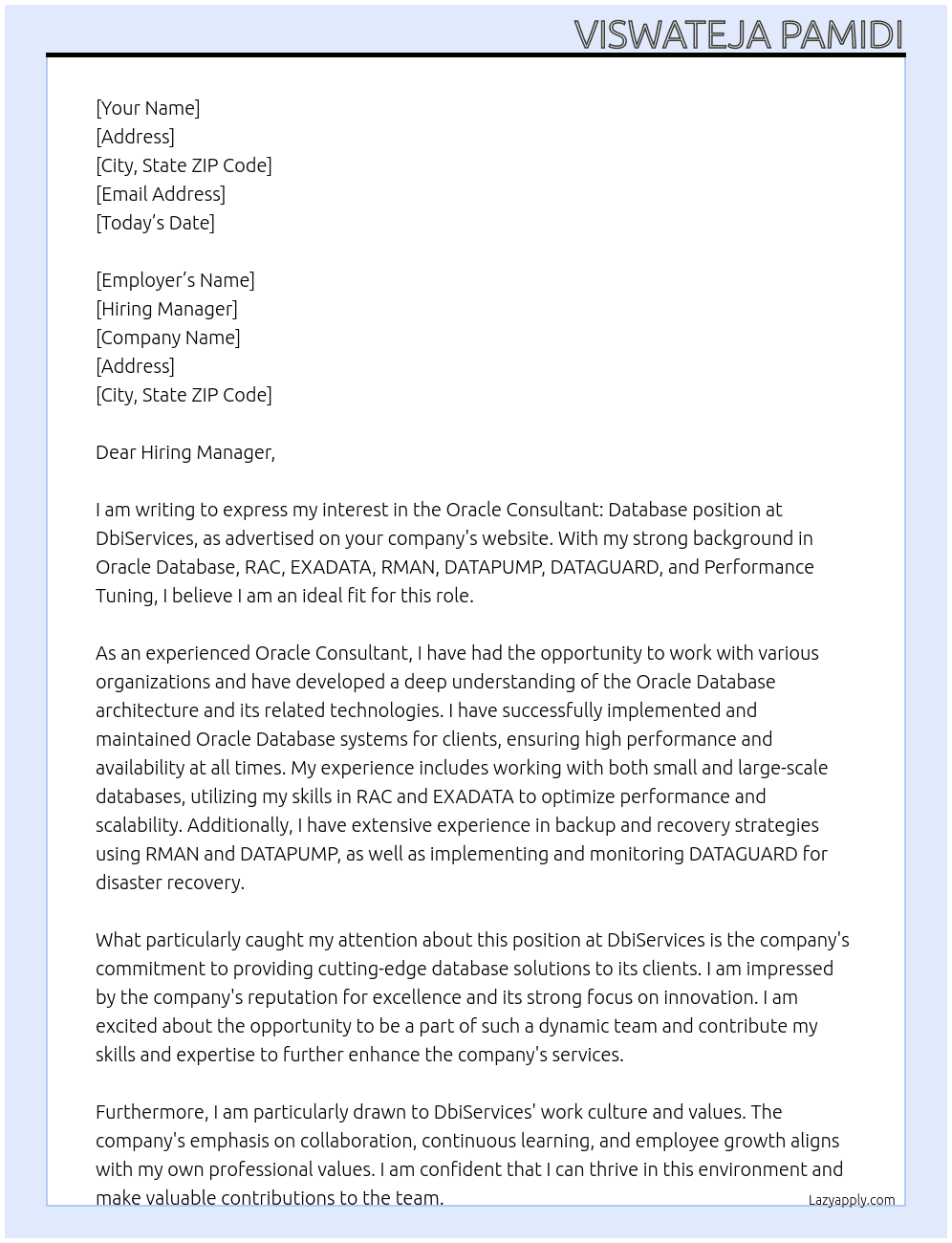 Oracle Consultant:Database At DbiServices Cover Letter