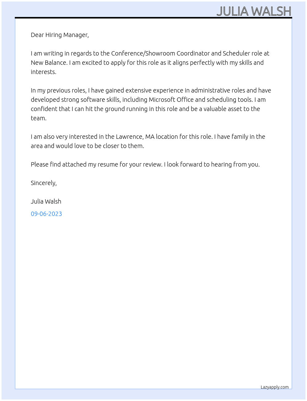 Conference/Showroom Coordinator and Scheduler At New Balance Cover Letter