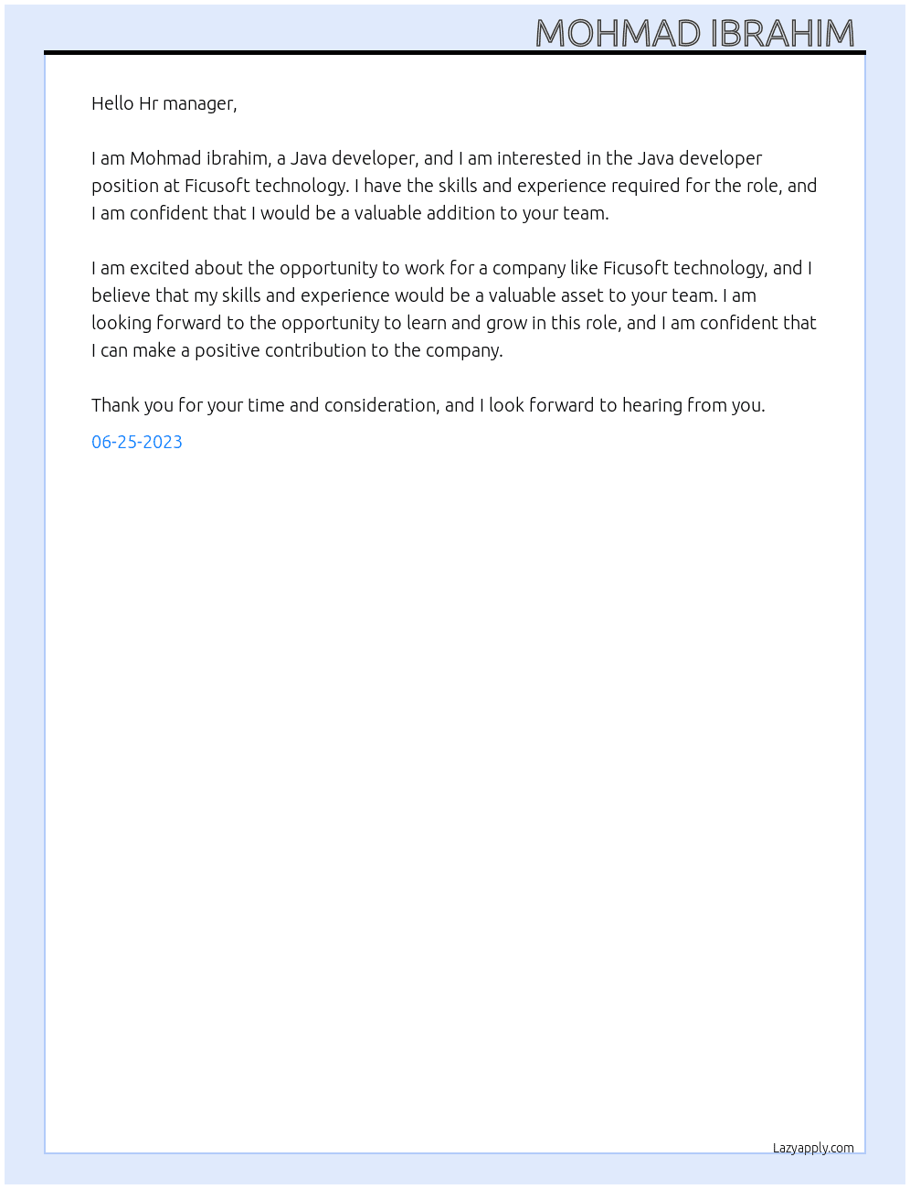 Java developer  At Ficusoft technology  Cover Letter