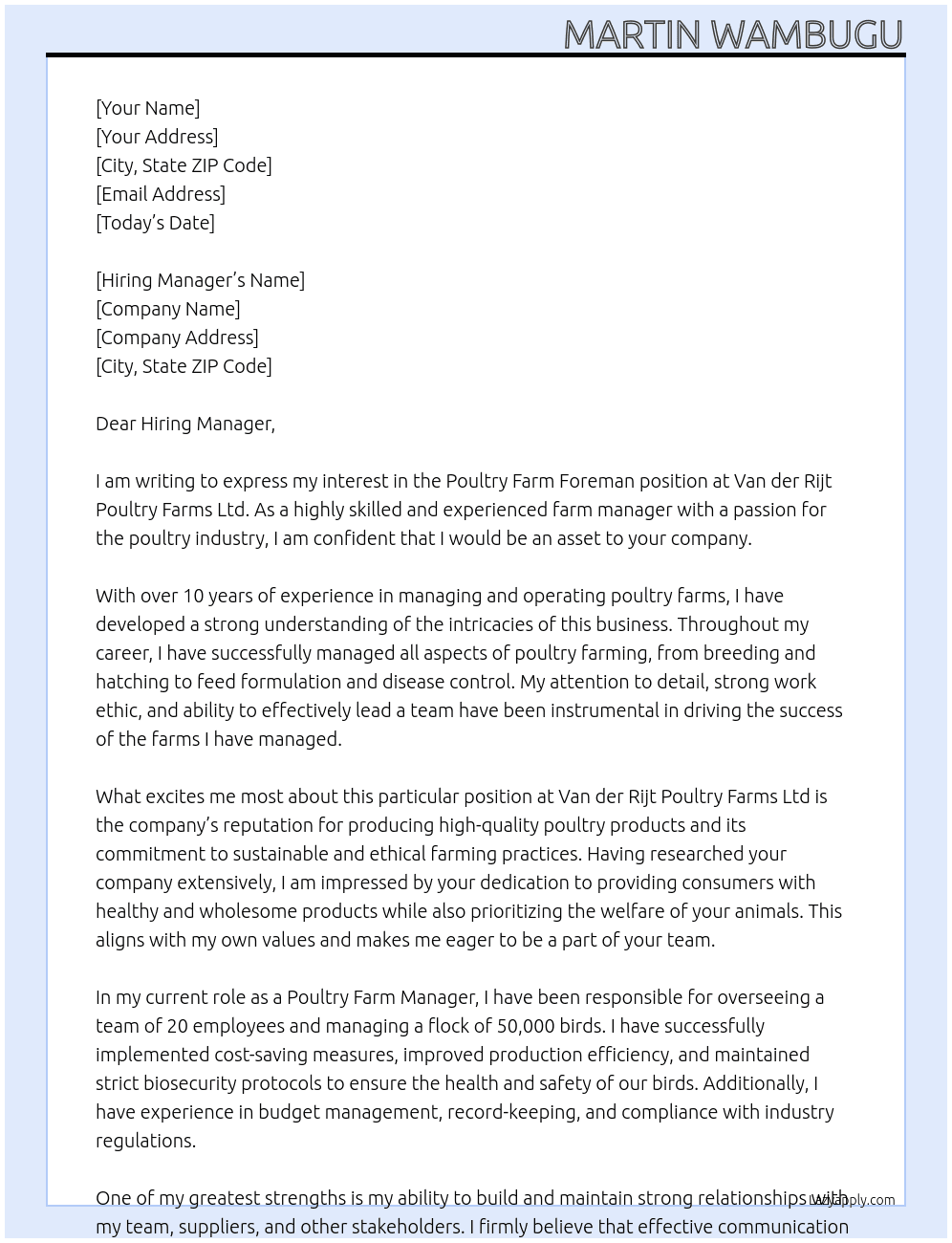 Poultry farm foreman At van der rijt poultry farms ltd Cover Letter
