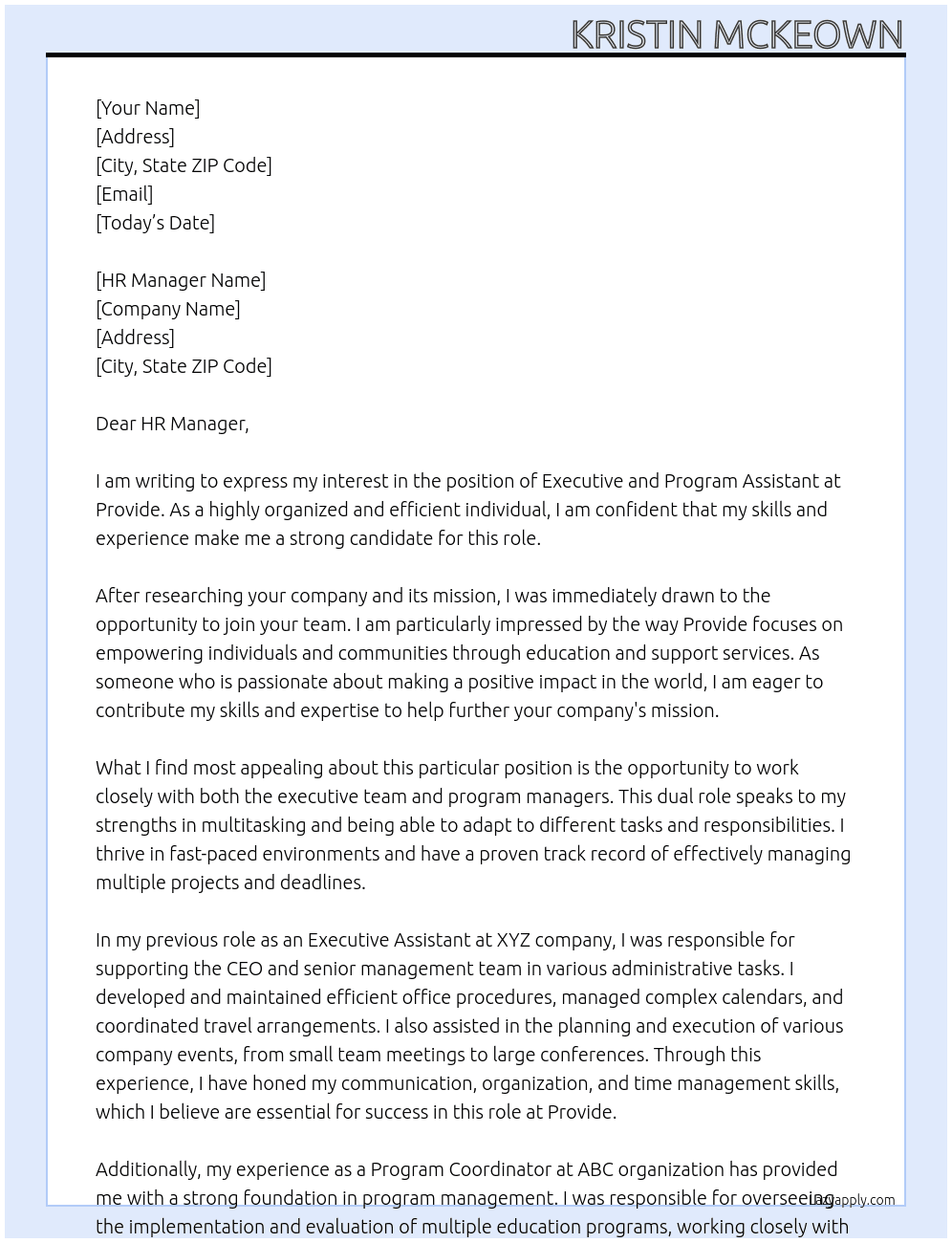 Executive and Program Assistant At Provide Cover Letter