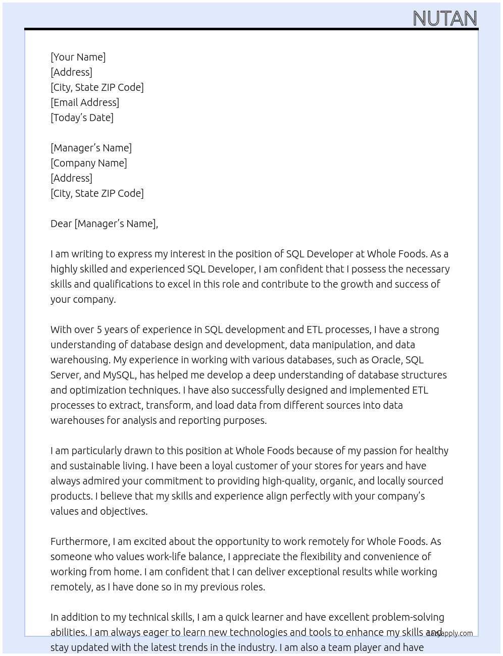 Sql developer  At whole foods Cover Letter