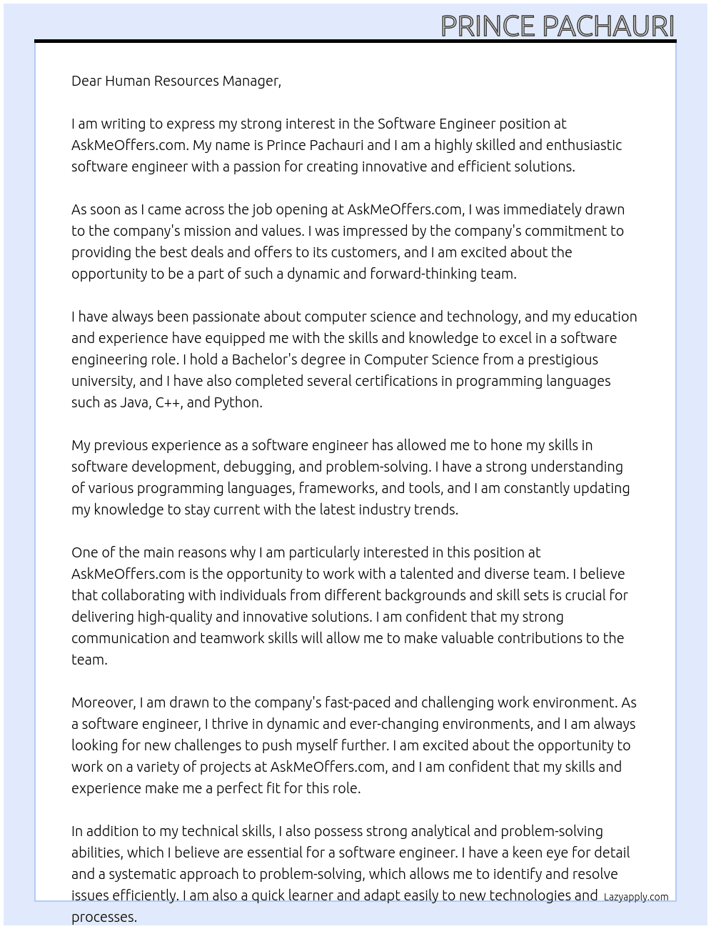 Software Enginner  At AskMeOffers.com  Cover Letter