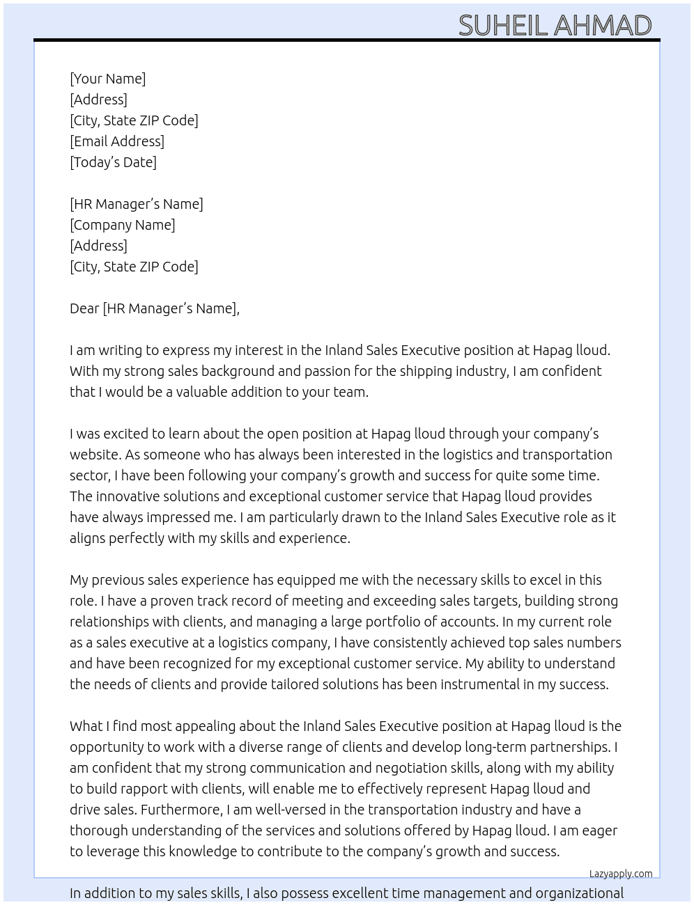 Inland sales executive  At Hapag lloud Cover Letter