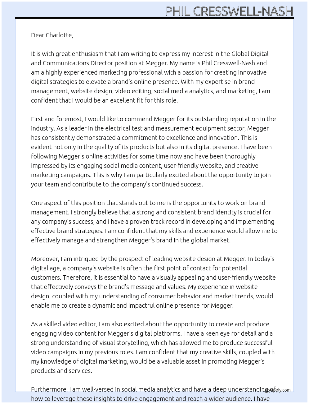 Global Digial and Communications Director At Megger  Cover Letter