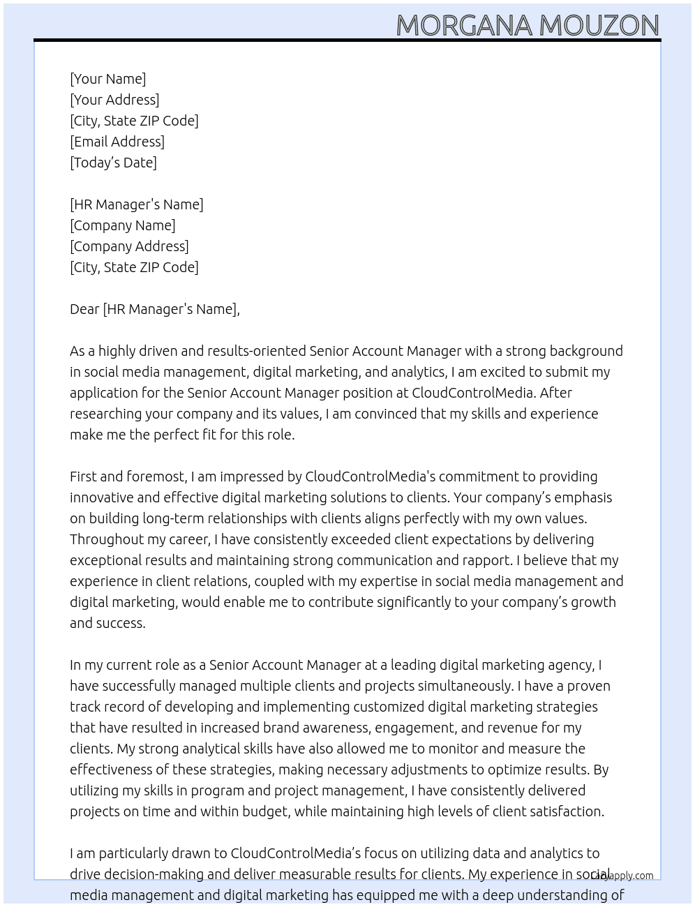 Senior Account Manager At CloudControlMedia Cover Letter