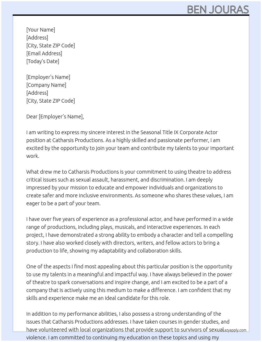 Seasonal Title IX Corporate Actor At Catharsis Productions Cover Letter