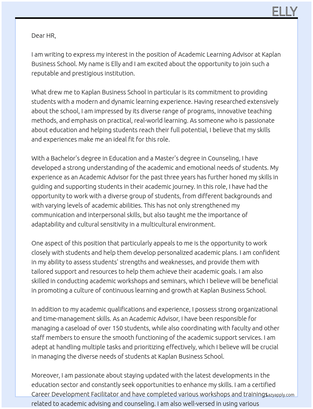 Academic learning advisor At Kaplan Business School Cover Letter
