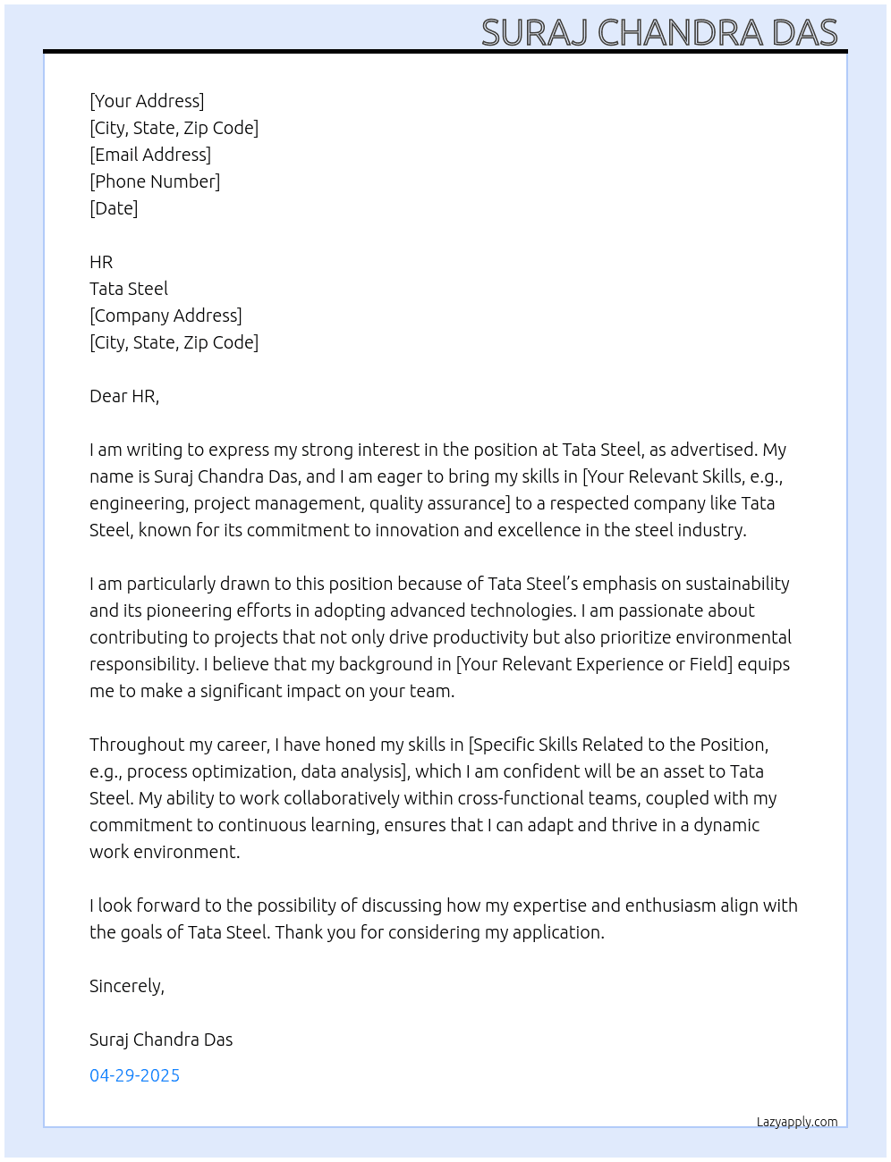 Tata steel  At TATA steel  Cover Letter