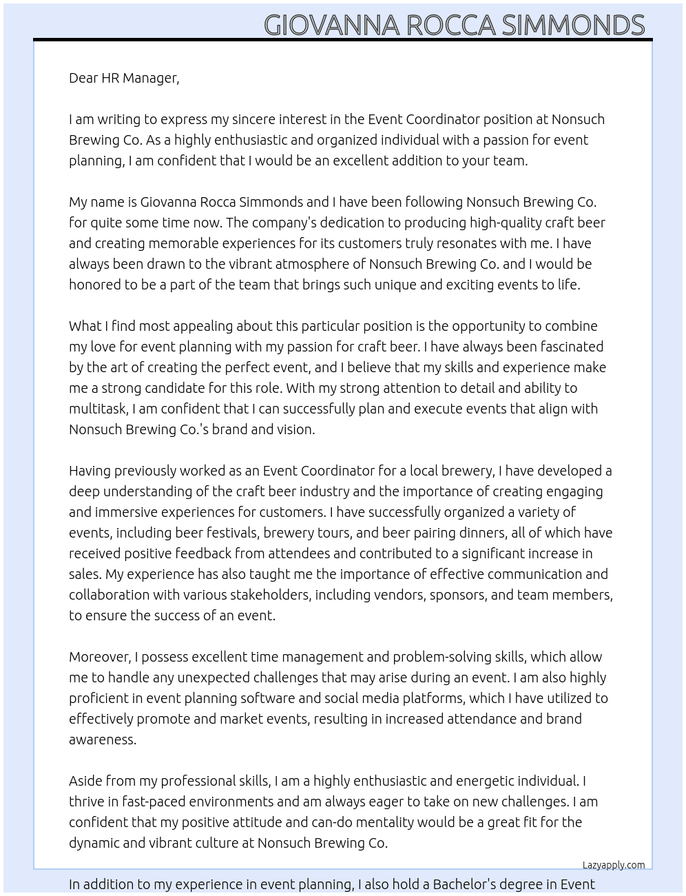 Event Coordinator At Nonsuch Brewing Co.  Cover Letter