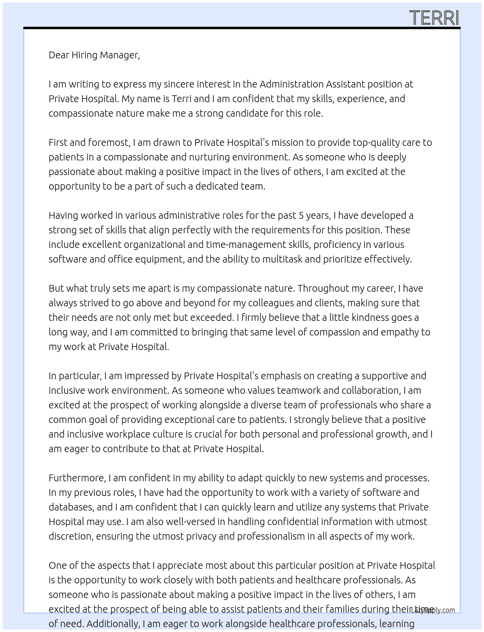 administration assistant At private hospital Cover Letter