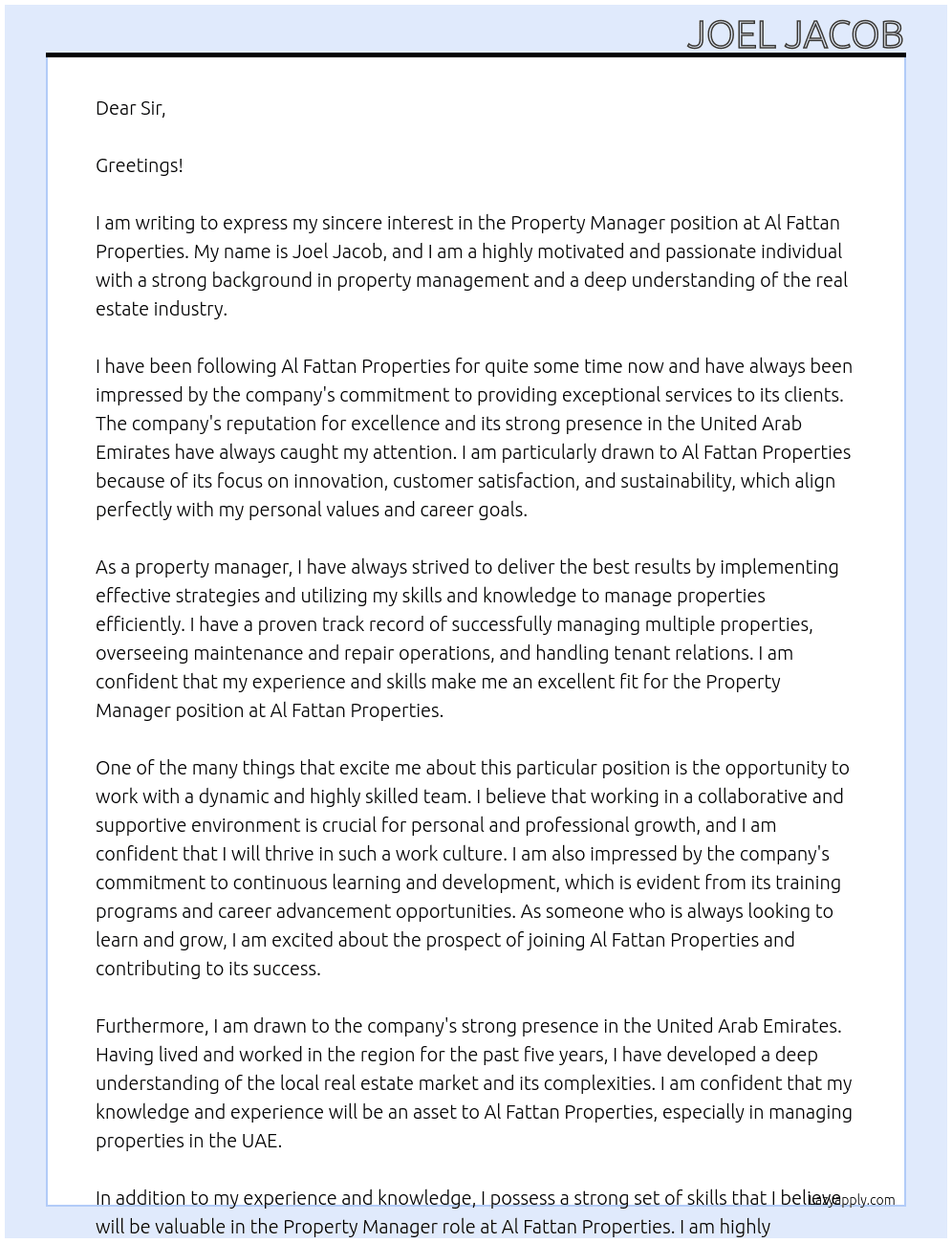 Property Manager At Al Fattan Properties Cover Letter