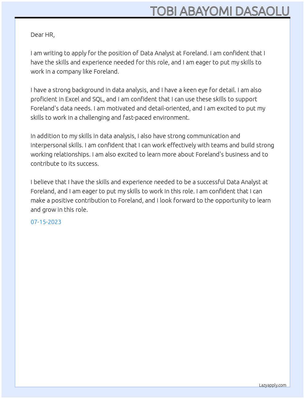 Data Analyst At Foreland Cover Letter