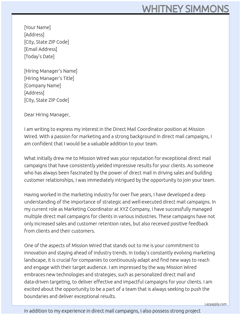Direct Mail Coordinator  At Mission Wired Cover Letter
