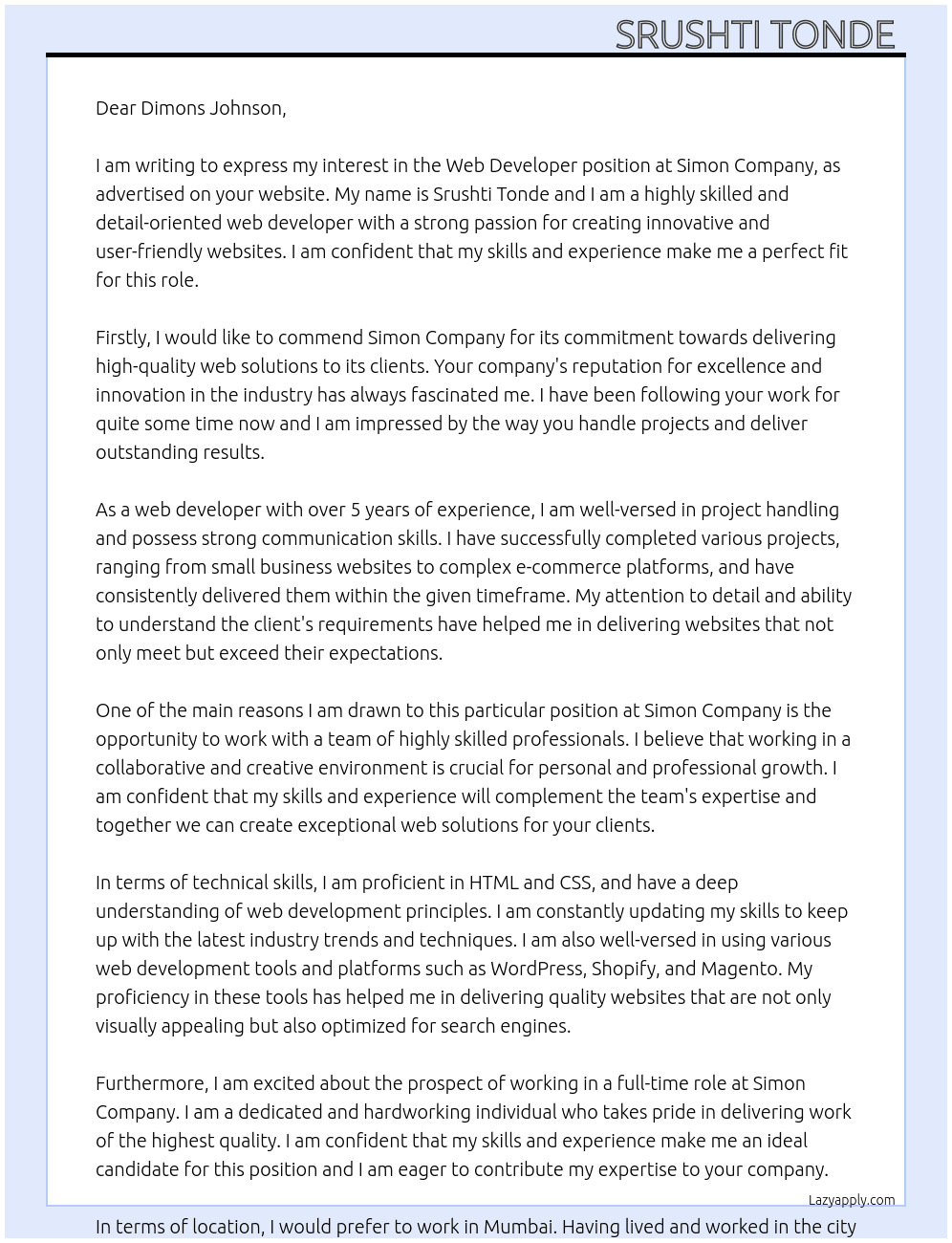 Web developer  At Simon company Cover Letter