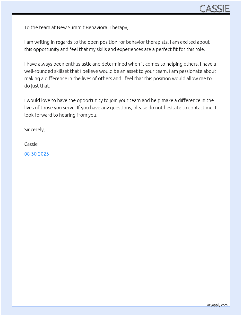 Behavior Therapists At New Summit Behavioral Therapy Cover Letter