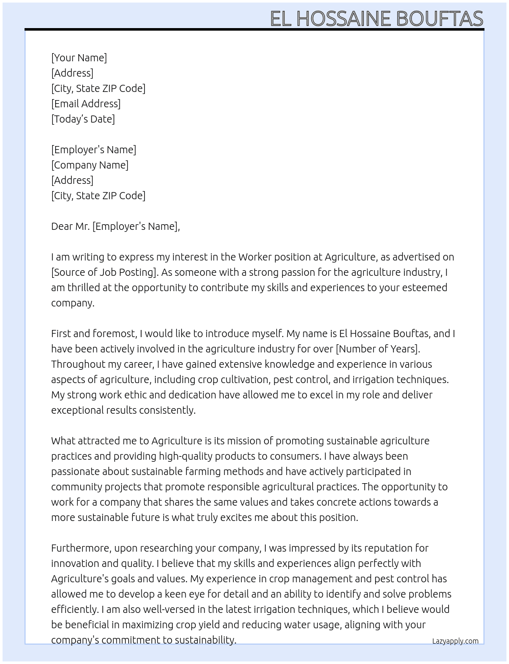 Worker  At Agriculture  Cover Letter