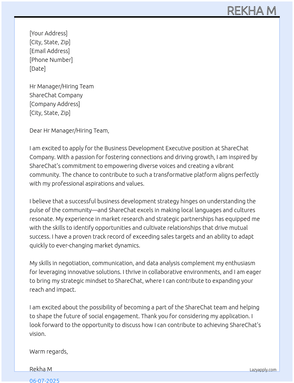 Business development executive  At Share chat company  Cover Letter