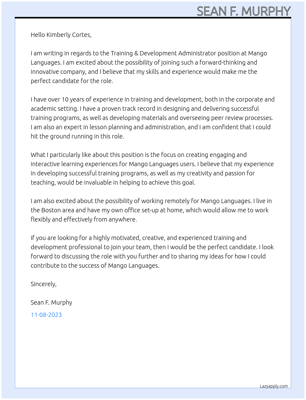 Training & Development Administrator  At Mango Languages Cover Letter