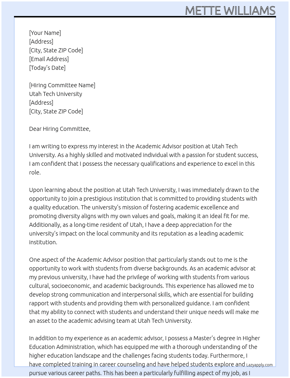 Academic Advisor At Utah Tech University Cover Letter
