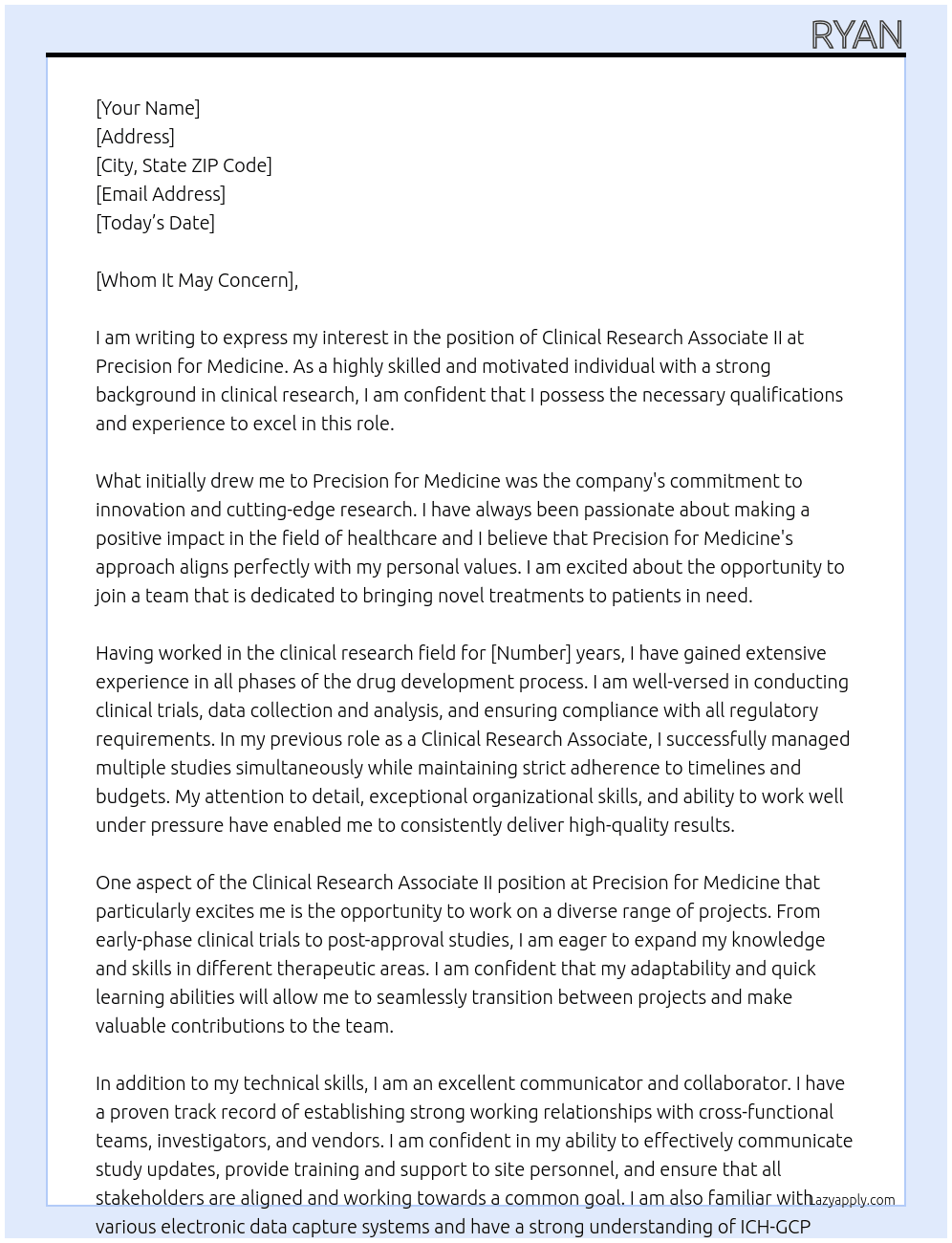 Clinical Research Associate II At Precision for Medicine Cover Letter