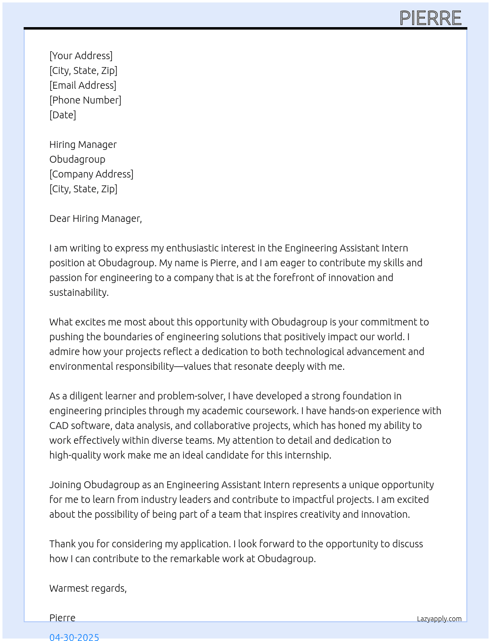 Engeneering assisstant intern At obudagroup Cover Letter