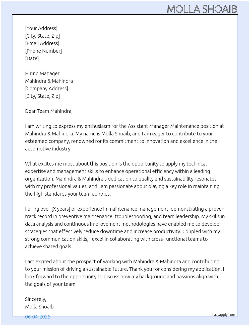 Cover letter for assistant manager maintenance - LazyApply
