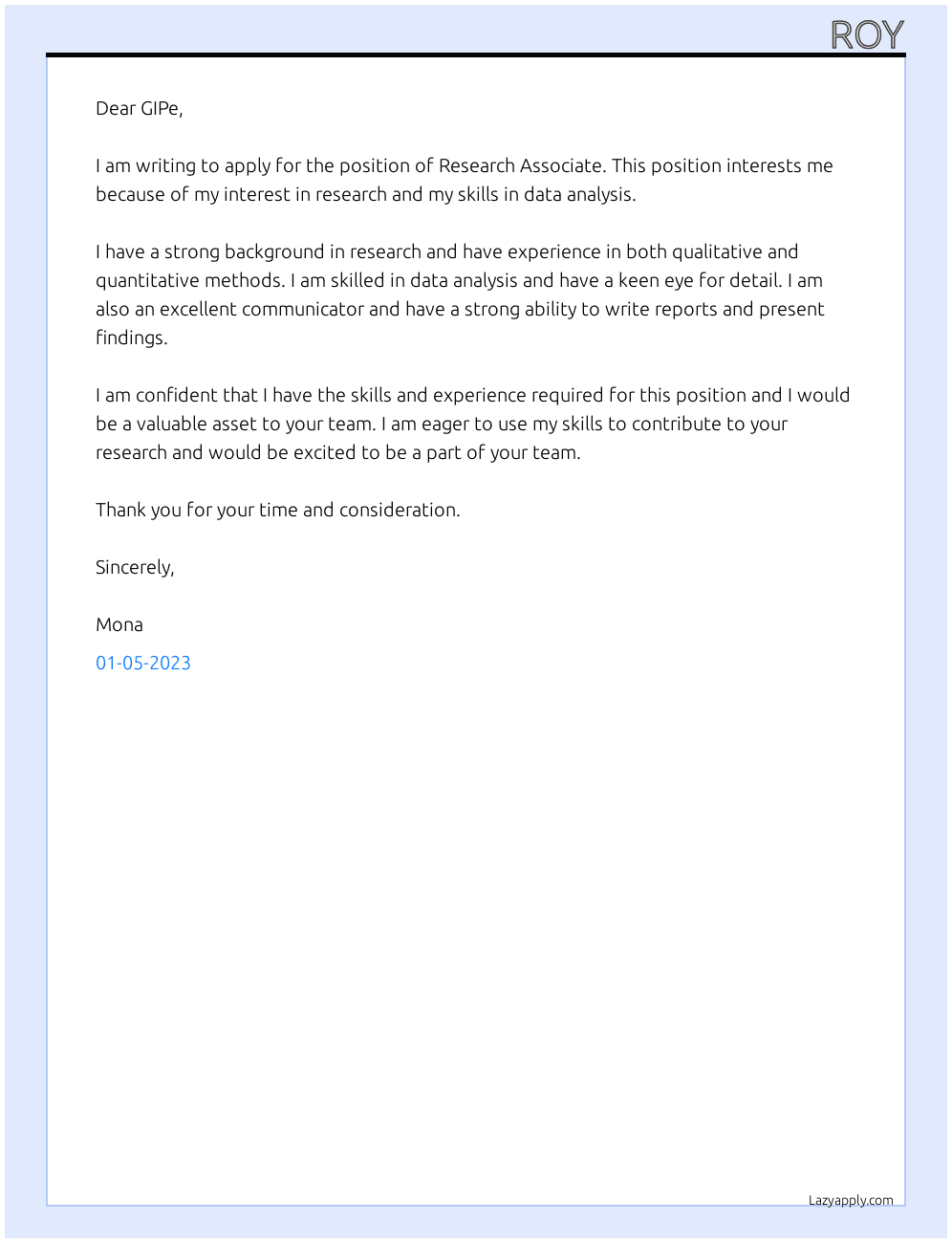 Research Associate  At GIPe Cover Letter