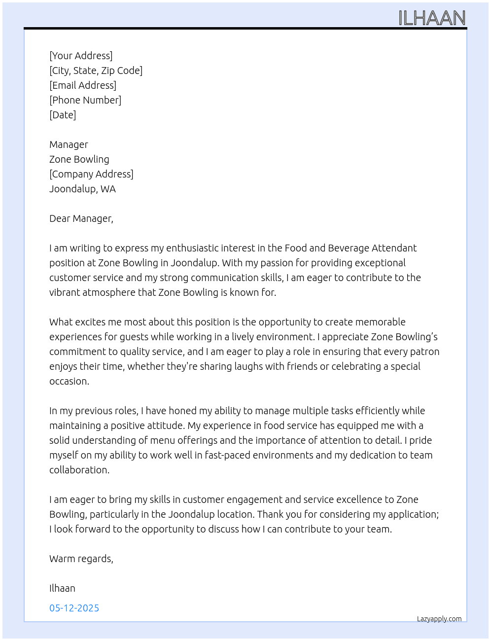 food and beverage attedant At Zone Bowling Cover Letter