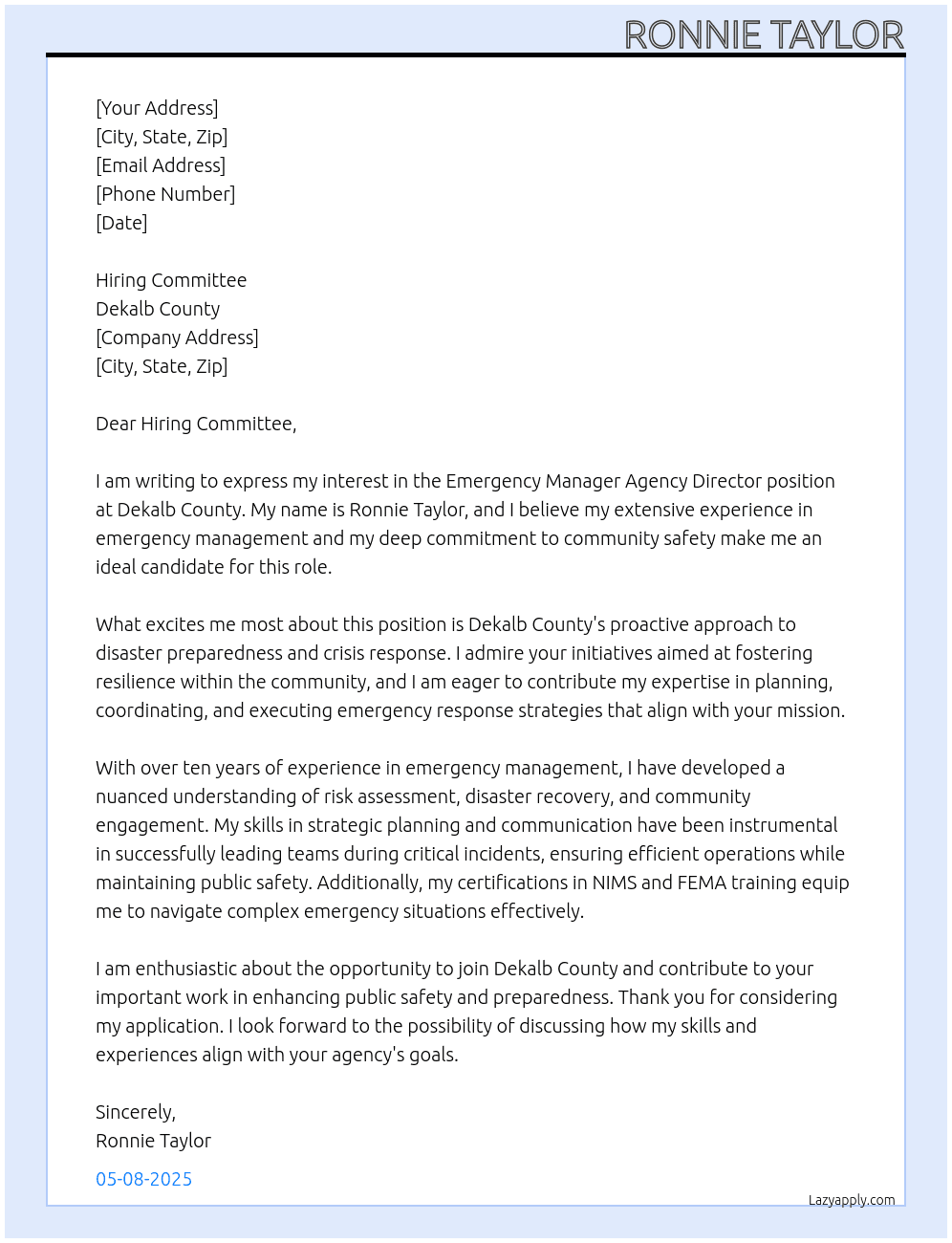 Emergency Manager Agency Dierctor At Dekalb County Cover Letter