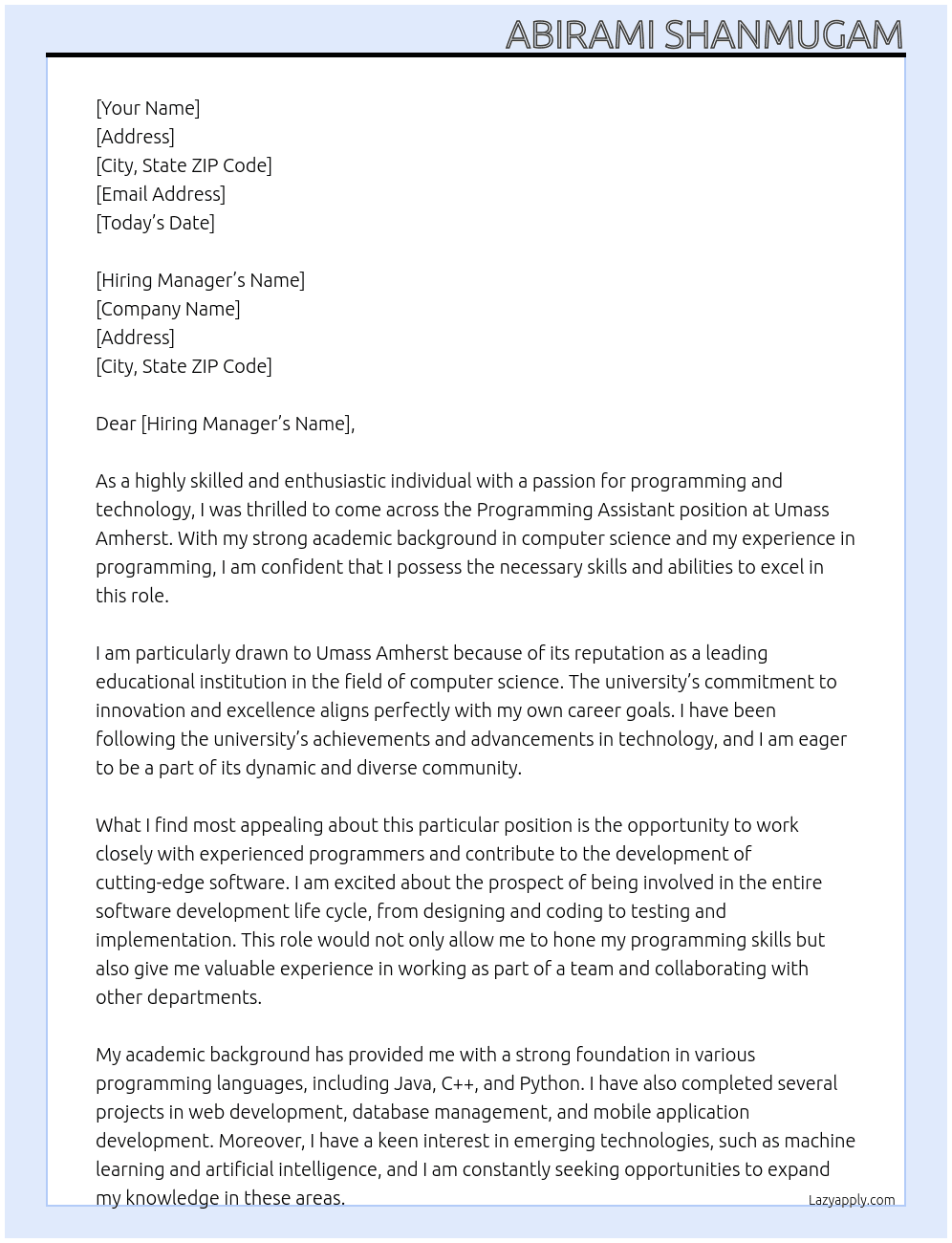 Programming assistant At Umass amherst Cover Letter