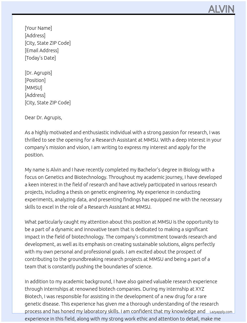RESEARCH ASSISTANT At MMSU Cover Letter
