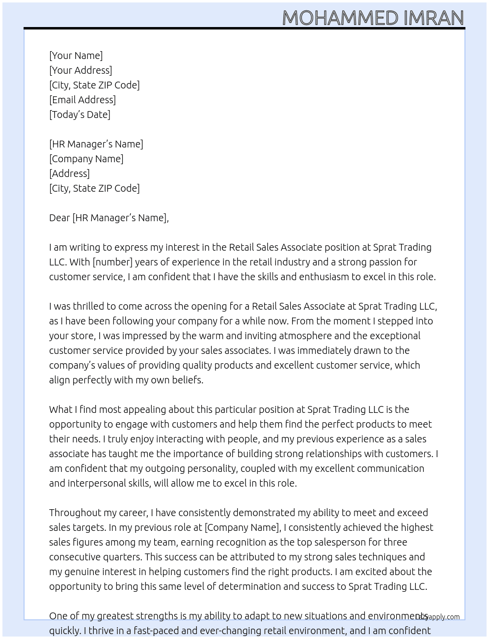 Retail Sales Associate  At Sprat Trading LLC Cover Letter