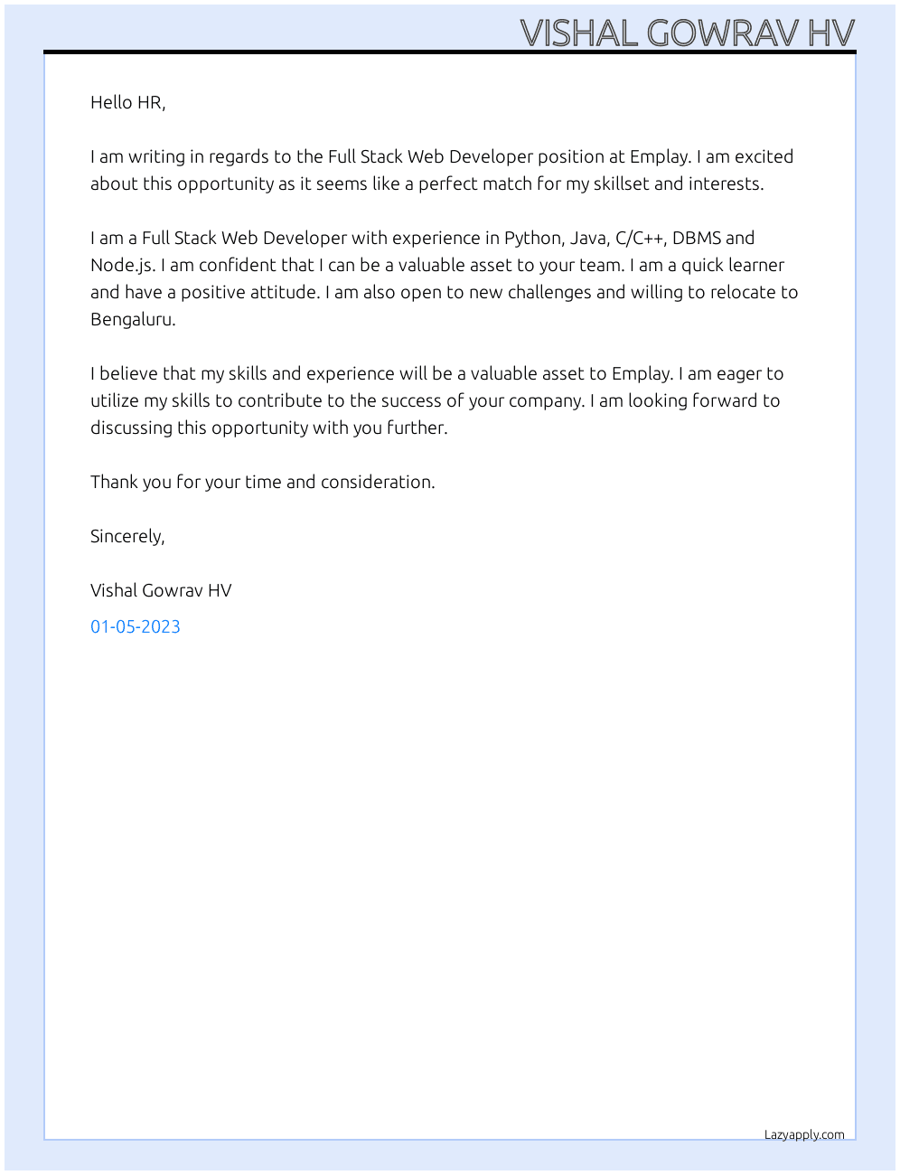 Full Stack Web Developer At Emplay Cover Letter