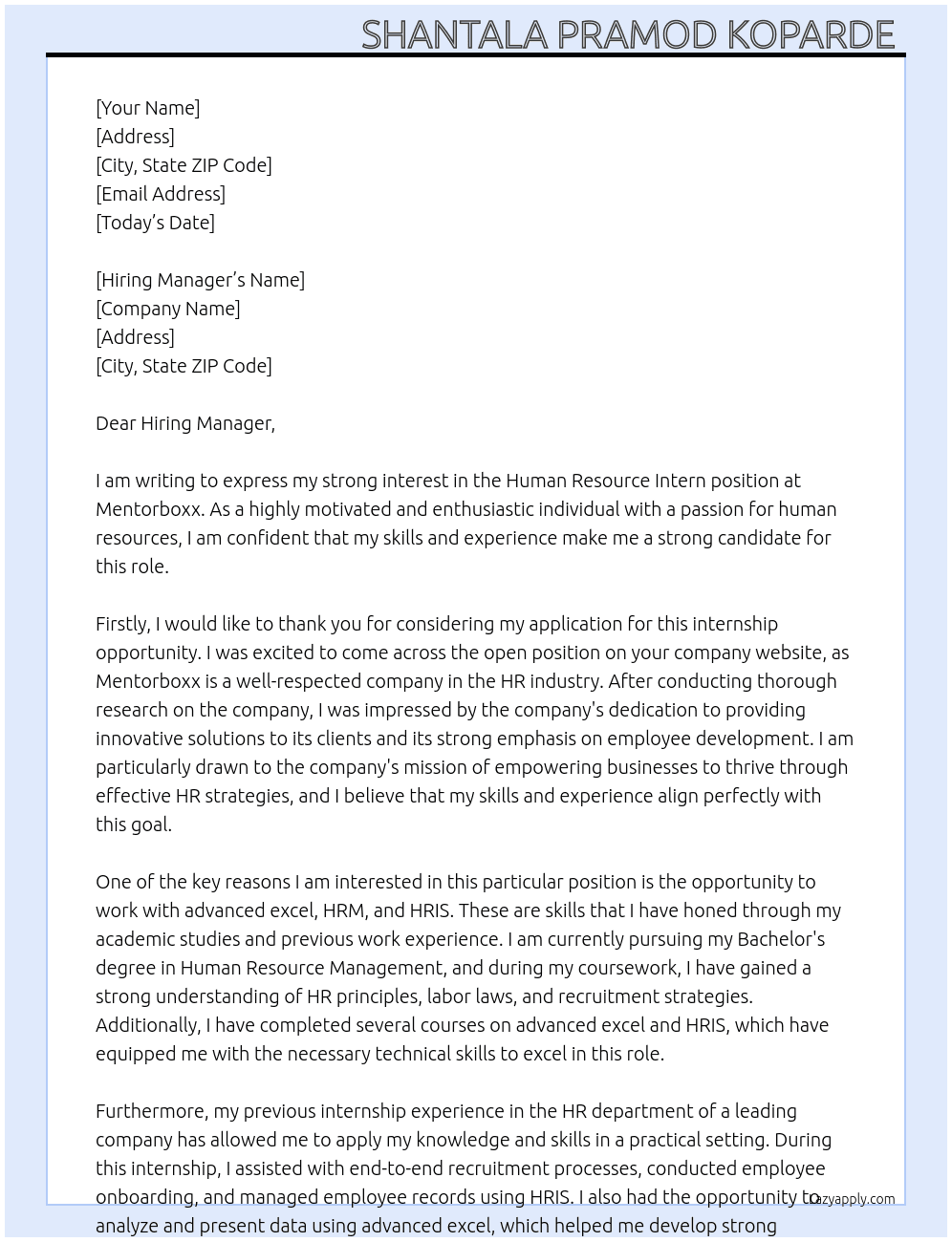 Human Resource Intern At mentorboxx Cover Letter