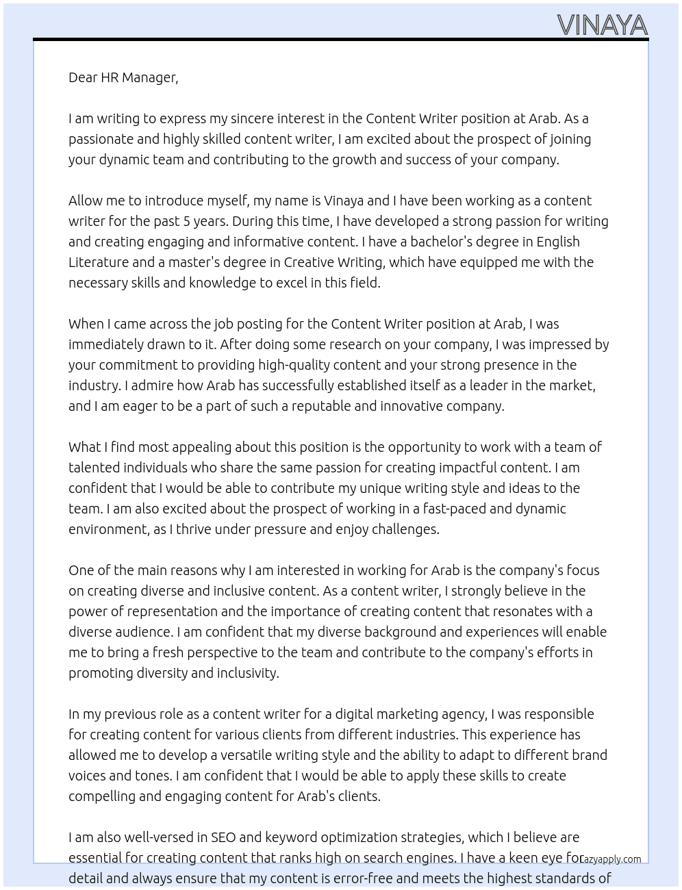 Content writer At Arab Cover Letter