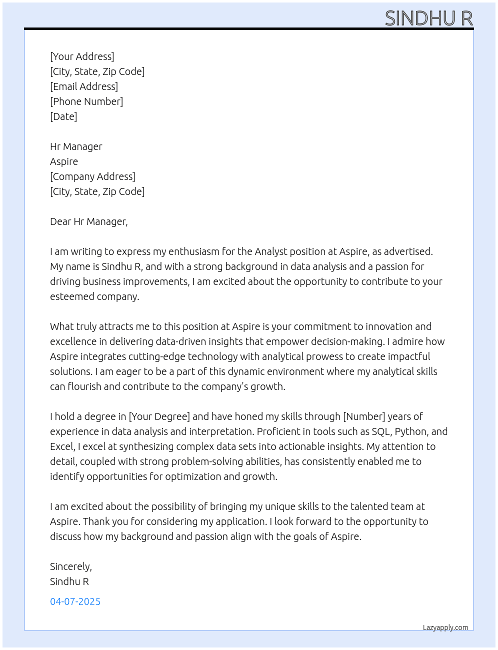 Analyst At Aspire Cover Letter