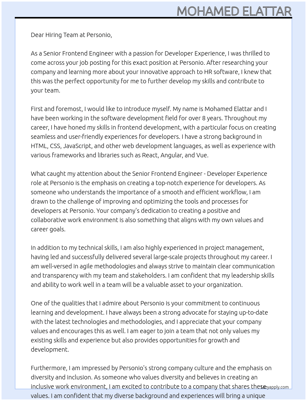 Senior Frontend Engineer - Developer Experience At Personio Cover Letter