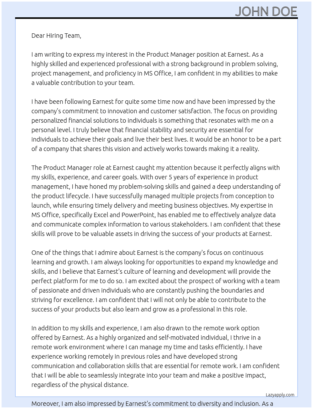 Product Manager At Earnest Cover Letter