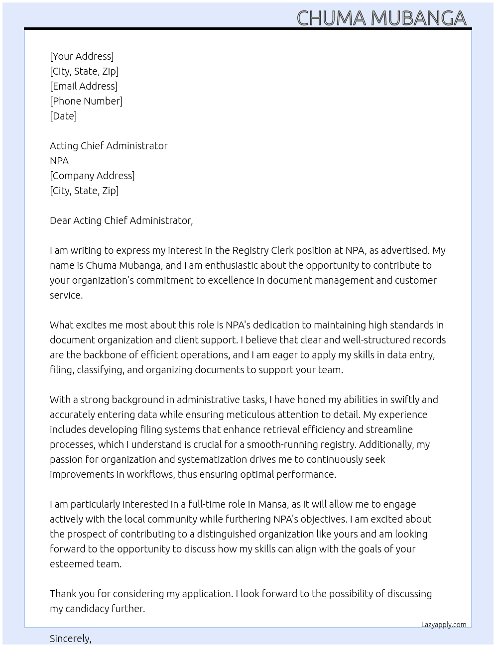Registry Clerk  At NPA  Cover Letter
