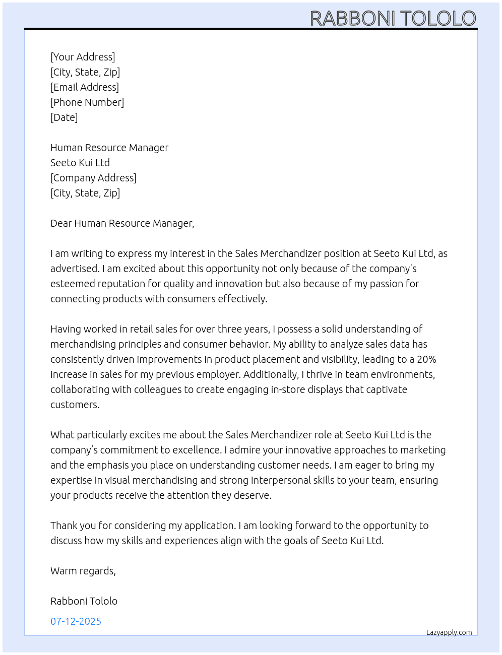 Sales Merchandizer At Seeto Kui Ltd Cover Letter