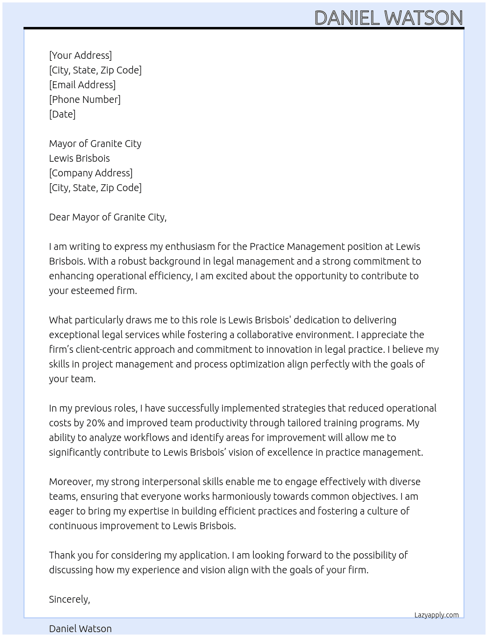 Cover letter for practive management - LazyApply