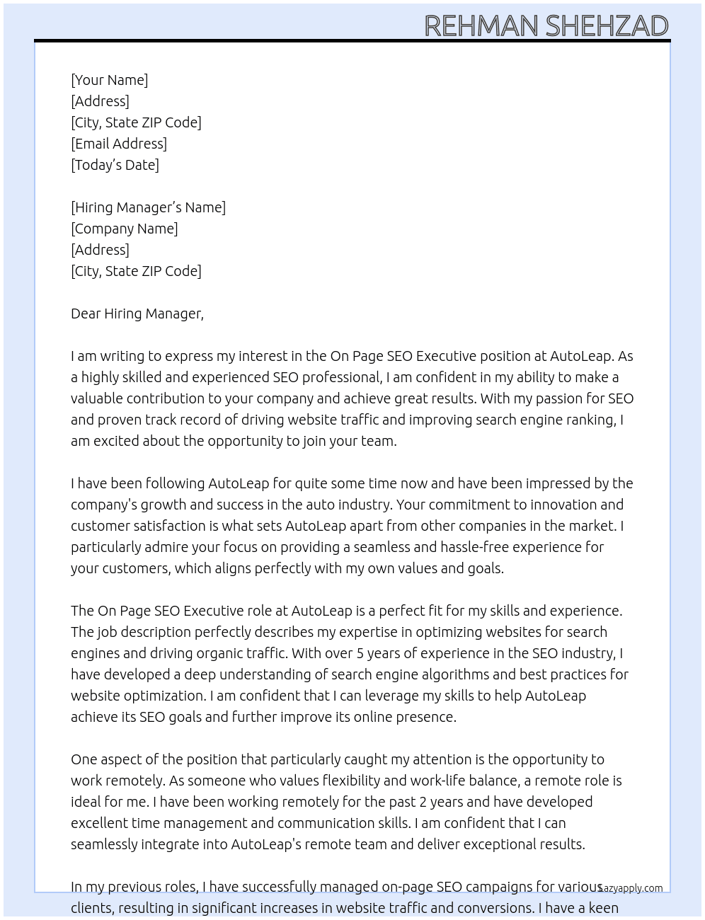 On page seo executive At AutoLeap  Cover Letter