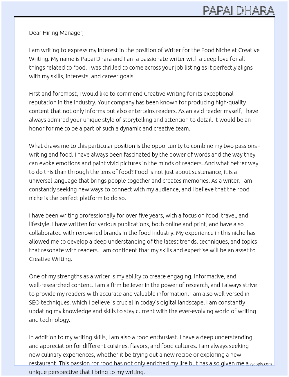 Writer for the Food Niche At Creative writing Cover Letter