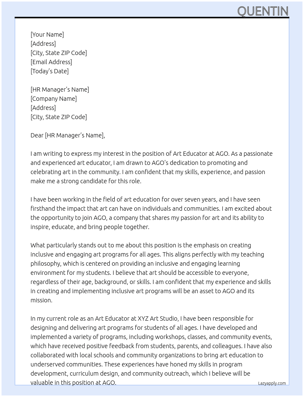 Art Educato At AGO Cover Letter