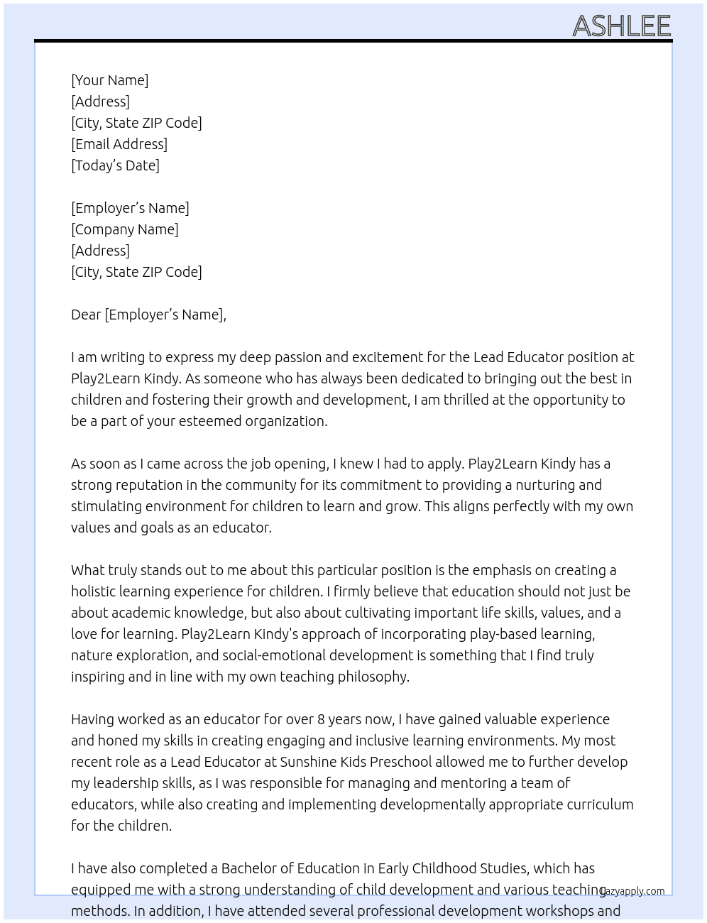 Lead Educator At Play2Learn Kindy Cover Letter